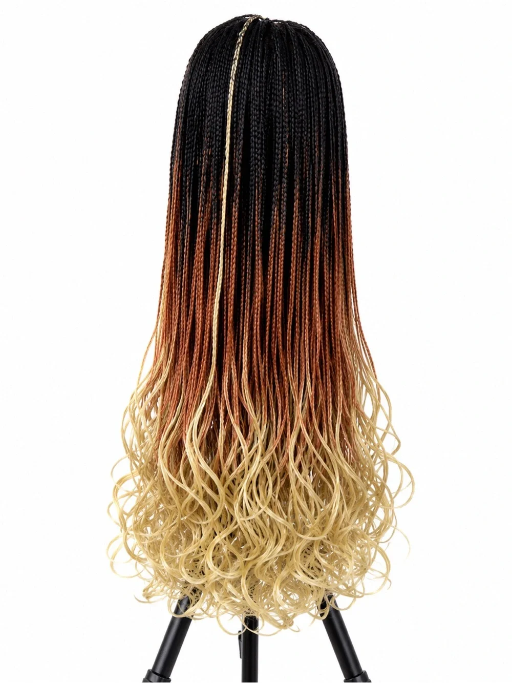 Long Ombre Braided Wig with Blonde Curls - Black to Blonde